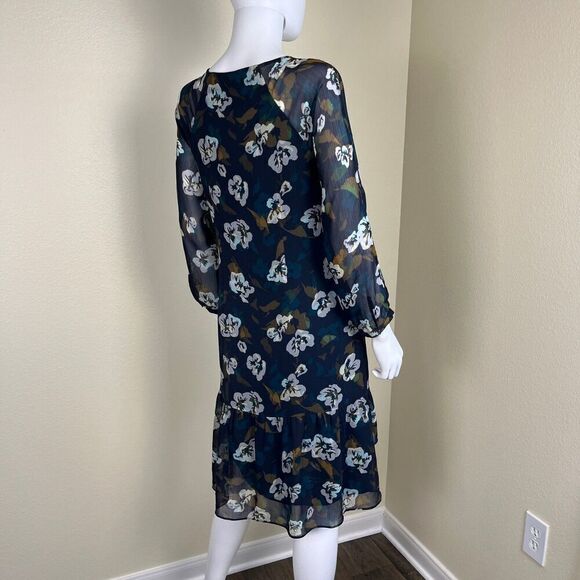 Cabi Women's Size S Blue Floral Sheer Pirouetee Drop Waist Teired Midi Dress - Picture 14 of 16